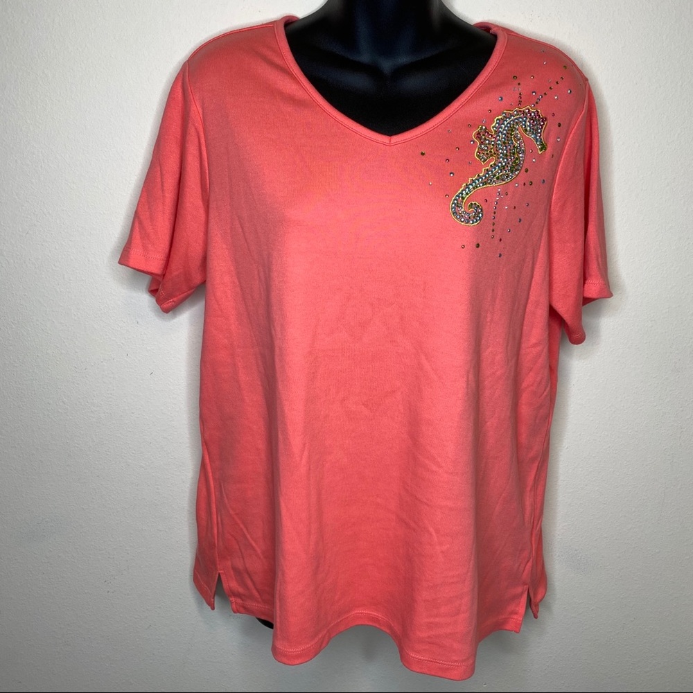 Quacker Factory Coral Orange V-Neck Seahorse Tee